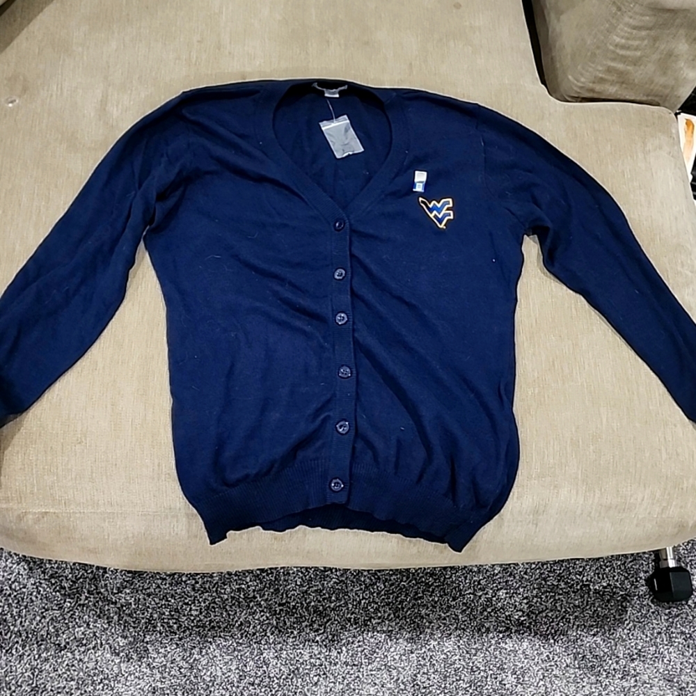 WV navy blue cardigan sweater with logo
